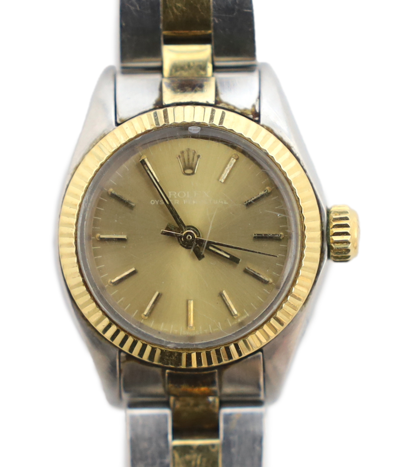 A lady's late 1970's/early 1980's stainless steel and gold Rolex Oyster Perpetual wrist watch